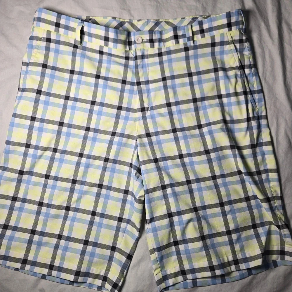 Nike Golf Dri-FIT‎ Plaid Shorts Mens 36 Blue Lime Green White Black Checkered